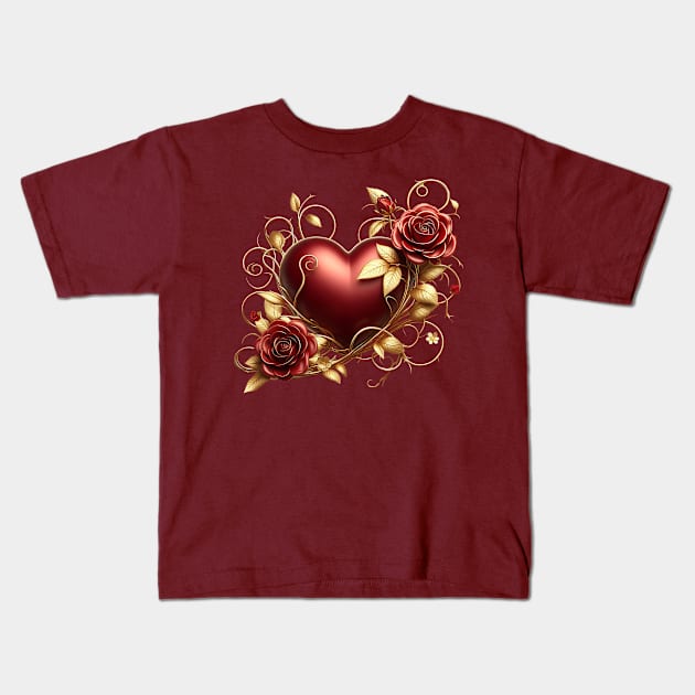 Valentines Day Red Heart, Red Roses, Golden Vines Kids T-Shirt by Amanda Lucas